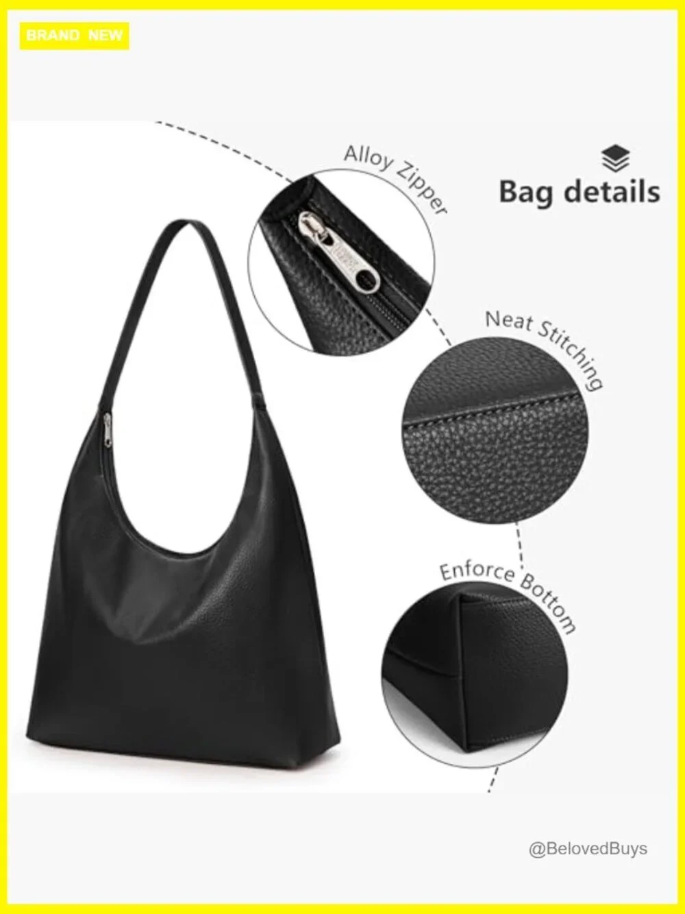 Vegan Leather Hobo Tote Bag with Zipper, Large Capacity, Shoulder
